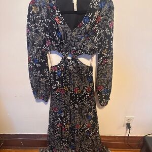 RAGA Black Floral Long Sleeve Dress with Cutout